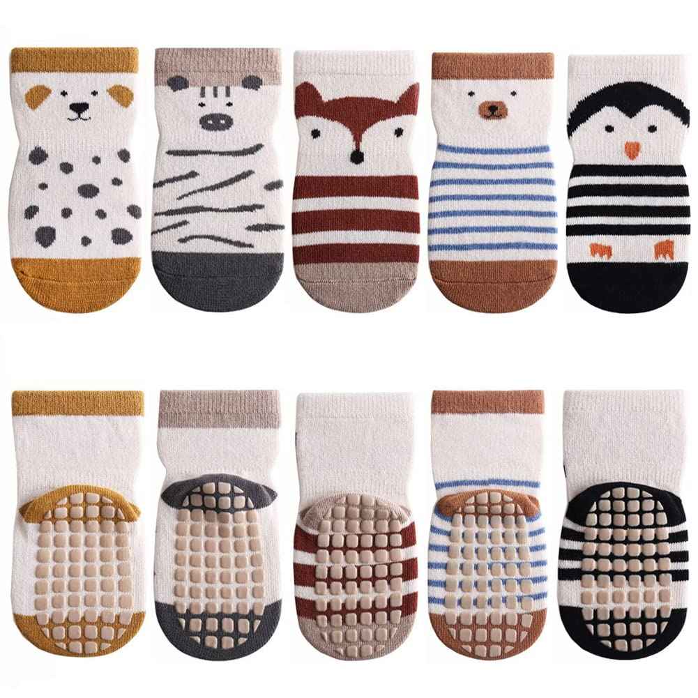 Pack of 5 Baby Toddler ABS Non-Slip Socks, Trainer Socks, Animal Motifs, Cotton