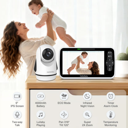 HelloBaby 6-Zoll Video-Babyphone, Großes Display mit Kamera und Audio, 4000-mAh-Batterie und ECO-Modus, Nachtsicht, Kein WiFi, Zwei-Wege-Kommunikation und 8 Schlaflieder, Fernbedienbare PTZ-Kamera