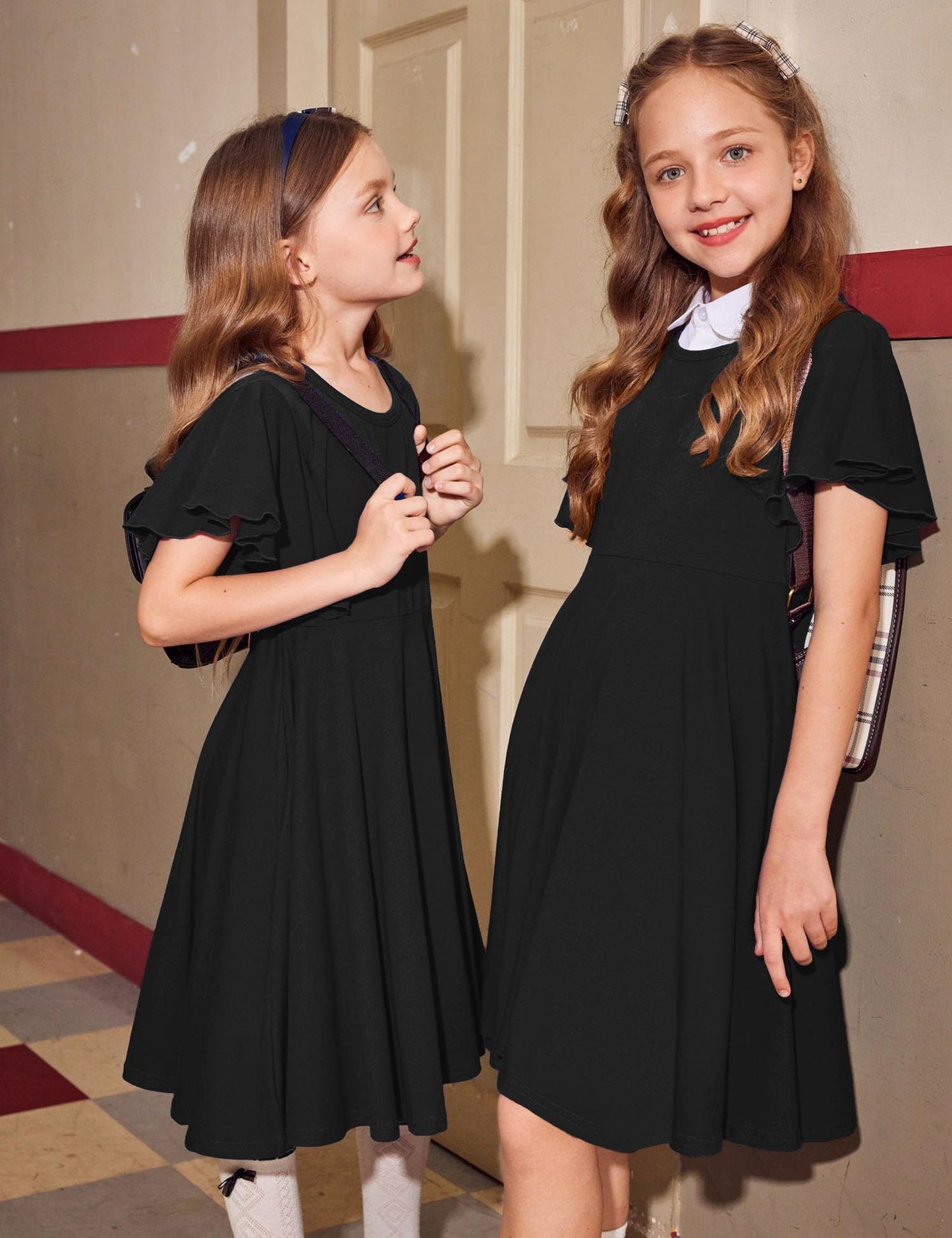 Arshiner Kleider für Mädchen Schmetterlingsärmel Kleid Kinder A-Line Swing Kleid Rundhals Sommerkleid Baumwollekleid Festlich Partykleid Hochzeit Lässige Kinderkleidung mit Tasche