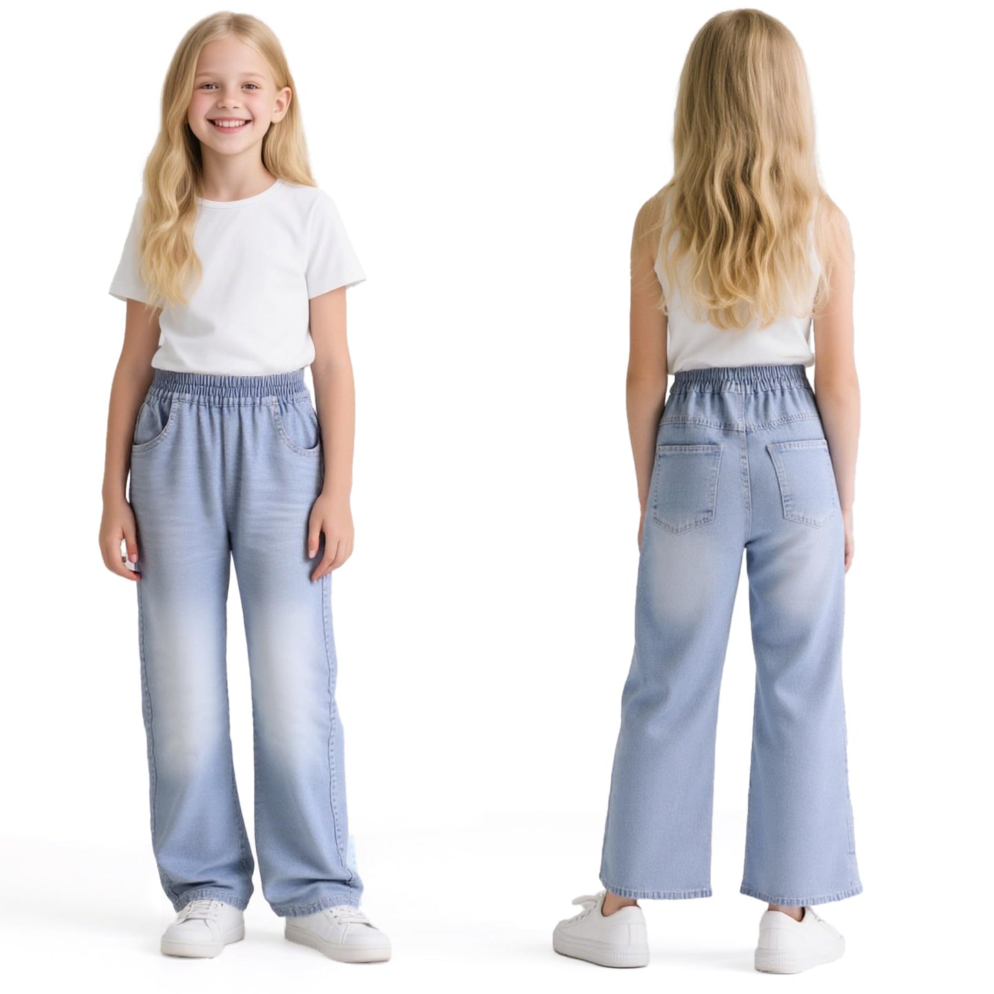 Baogaier Mädchen Jeans Wide Leg Denim Hosen Kinder Baggy Jeanshosen Lässige Weich Elastischer Bund Weites Bein Streetwear mit Taschen Teenager Loose Fit Jean Hose für 6-14 Jahre, Gr.122-164