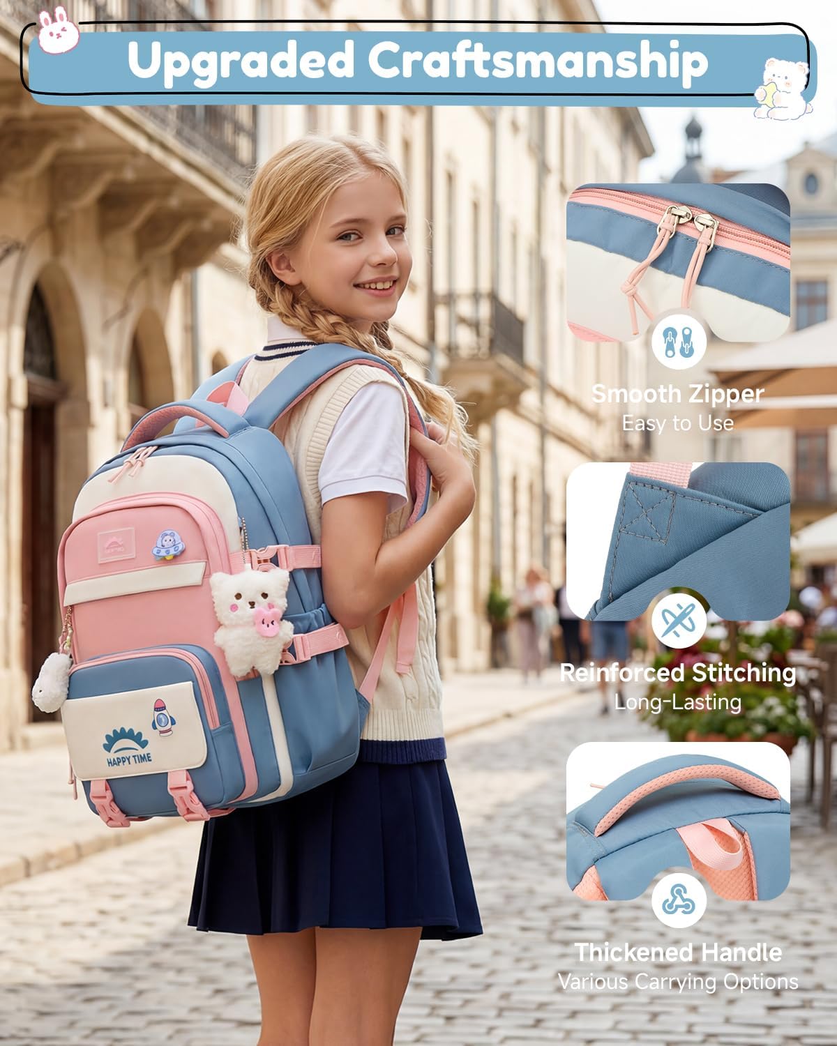 Tanou Schultasche Mädchen, Wasserabweisender Nylon Kinder Schulranzen, 20L | Leichter Schulrucksack für Mädchen der 2. bis 5. Klasse, Rucksack Schule mit Anhänger, Blau