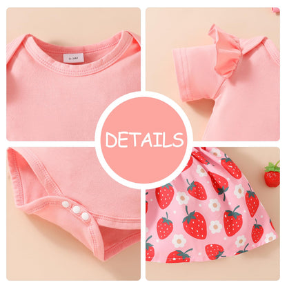 Neugeborenes Baby Mädchen Röcke Sets Kurzarm Rüschen Top + Bedrucktes Overalls Hosenträger Kleid + Stirnband Sommer Kleidung Outfits Set