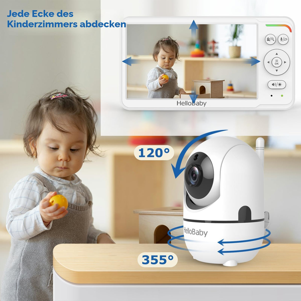 HelloBaby Babyphone mit Kamera, Kein WLAN, 5" IPS, HB6550, 3500 mAh | 355° Schwenken-120° Neige-Zoomen, Babyfone ohne WLAN, 2 Wege Audio, Temperatur, 8 Schlaflieder, Nachtsicht, Kabel-Kamera