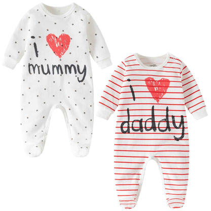 aomomo Baby Strampler Set 2-teilig „I Love Mummy & Daddy“ – Langarm Baby Schlafanzug aus Baumwolle, Unisex Neugeborenen Overall für Jungen & Mädchen