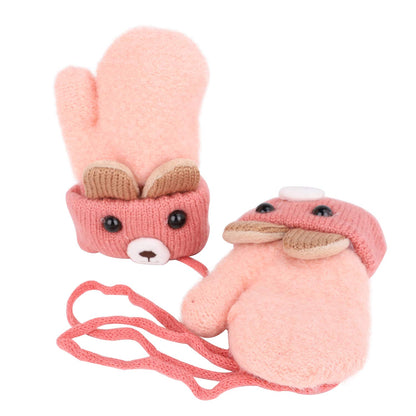Kids Winter Gloves Mittens Baby Cartoon Mitten Neck Gloves Thick Double Knitted Glove with Plush,0 - 3 years old, Playing, Running, Skiing