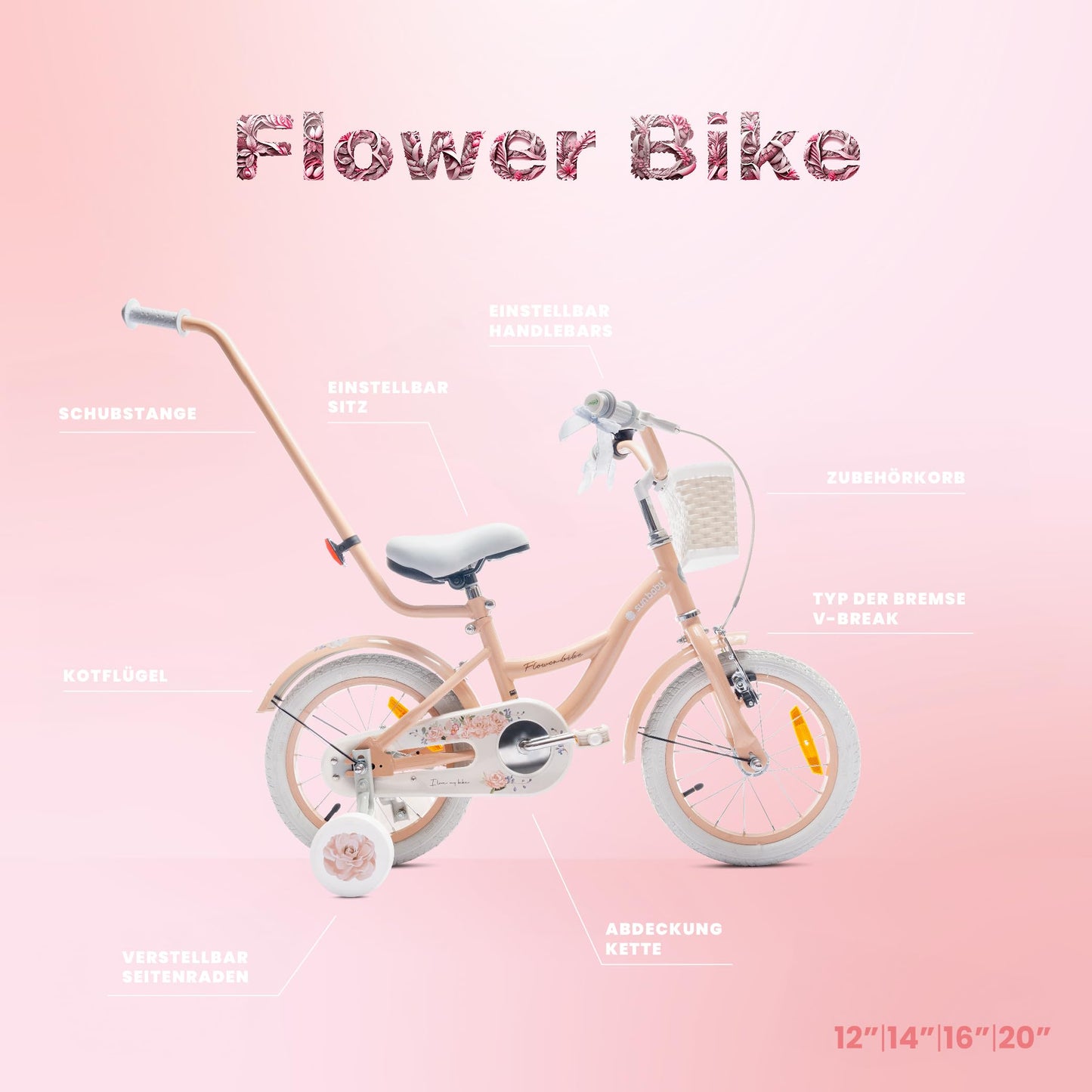 sun baby Mädchenfahrrad Flower Bike Radgröße zur Auswahl, mit Abnehmbarer Schubstange, Kinderfahrrad für Mädchen von 2 bis 6 Jahre