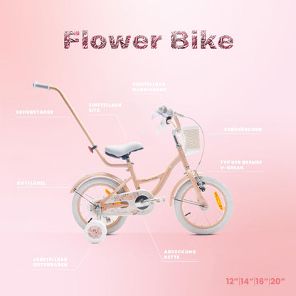 sun baby Mädchenfahrrad Flower Bike Radgröße zur Auswahl, mit Abnehmbarer Schubstange, Kinderfahrrad für Mädchen von 2 bis 6 Jahre