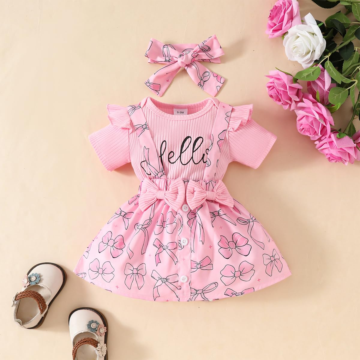Neugeborenes Baby Mädchen Röcke Sets Kurzarm Rüschen Top + Bedrucktes Overalls Hosenträger Kleid + Stirnband Sommer Kleidung Outfits Set