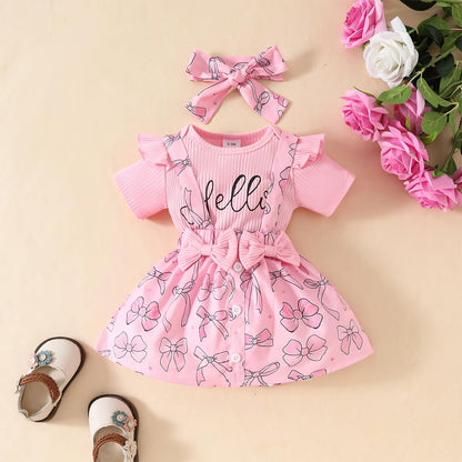 Neugeborenes Baby Mädchen Röcke Sets Kurzarm Rüschen Top + Bedrucktes Overalls Hosenträger Kleid + Stirnband Sommer Kleidung Outfits Set