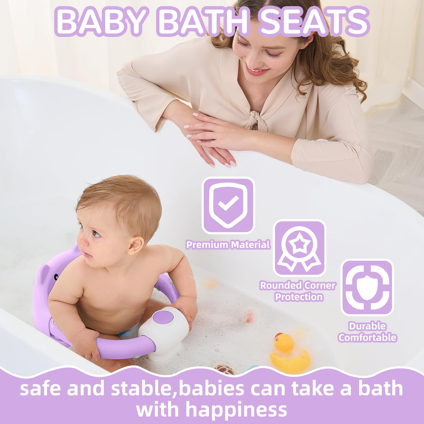 Baby Bath Seat from 6 Months, Bear Non-Slip Bath Seat Baby with 4 Suction Cups and Cushions for Toddlers and Newborns, Safe Portable Bath Chair for Shower or Bathtub, Pink
