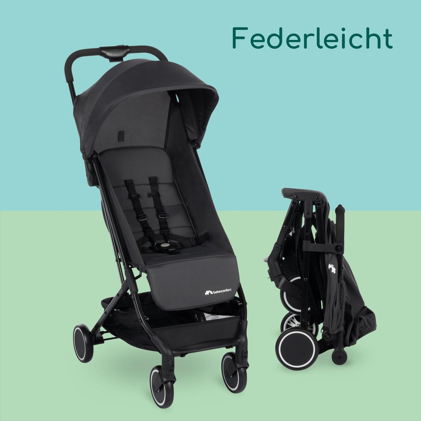 Bebeconfort Soko Superkompakter Kinderwagen, Bequem, Leichtgewich, Einfaches und Kompaktes Falten, 0 Monate bis 3,5 Jahre, 0-15 kg, Mineral Green