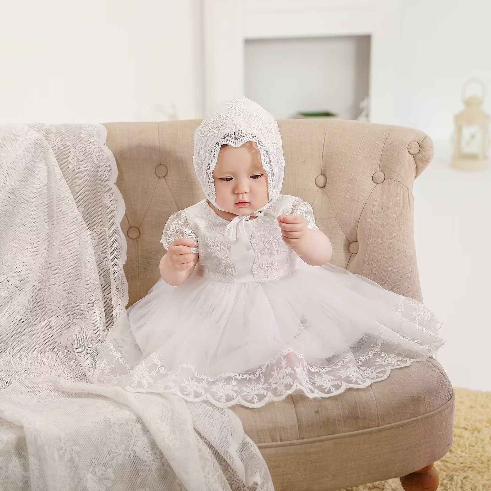 Baby Girl White Christening Dress with Hood Newborn Christening Dress Lace Dress for Wedding Birthday