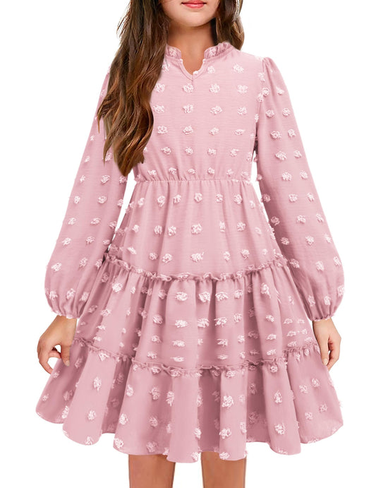 Arshiner Dress Girls Festive Flounce V-Neck Long Sleeve Dress Swiss Dot Chiffon Dress Children Tiered Dress A-Line Party Dress Wedding Princess Dress Swing Skater Dress 5-12 Years 