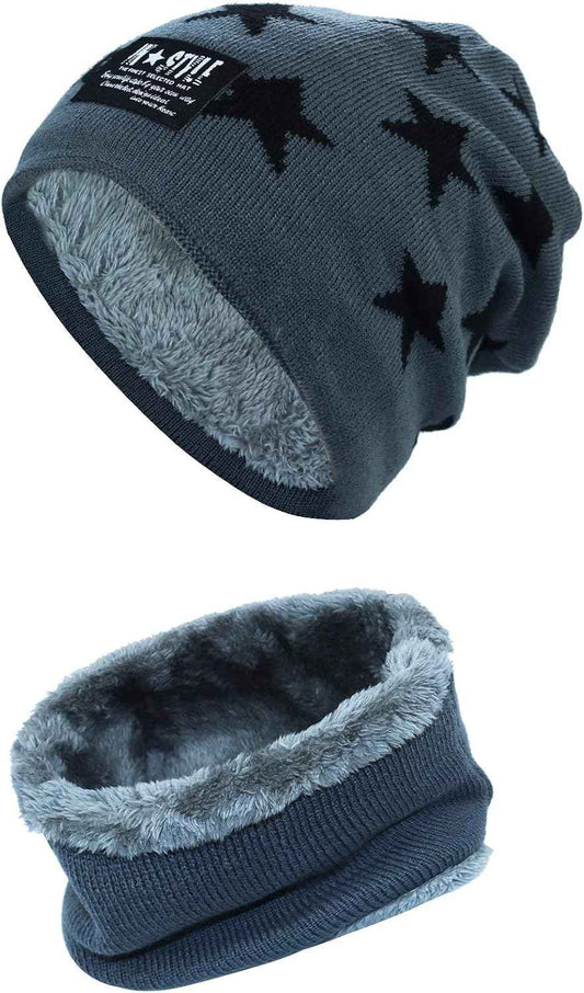Momoon Thick Beanie Hat + Scarf Set Winter Warm Snow Knit Skull Cap for Children Boys Girls (Suitable for 6-14 Years) -