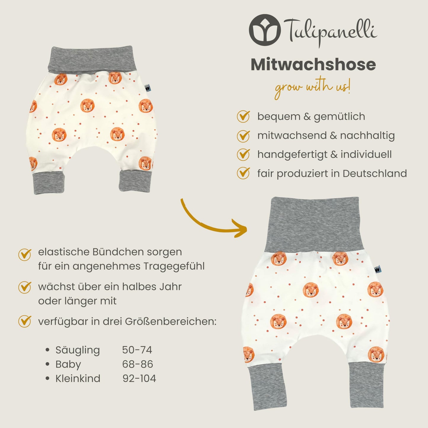 Baby Baggy Trousers, Handmade Cotton Jersey Grow Trousers, Sizes 50-74, 68-86, 92-104, Wide Waistband (Wild Life, 50-74)