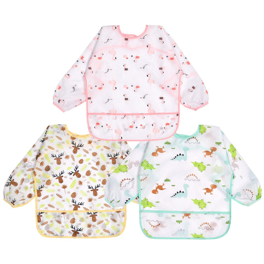 Vicloon Baby Lätzchen mit Lange Ärmeln,3PCS Ärmellätzchen Wasserdicht,Süßer Tierstil Baby Bibs Set für Essen Kunst Handwerk Malerei Bemalen Spielen für 6-24 Monaten
