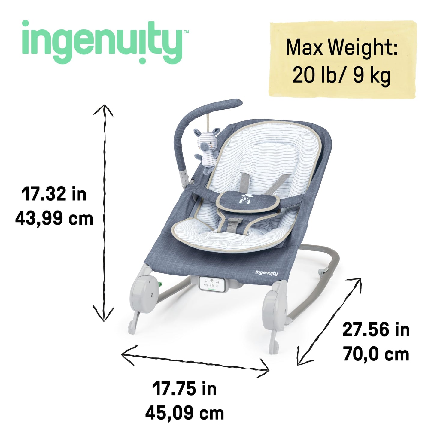 Ingenuity, Cuddle Lamb Babywippe Babyschaukel mit Schaukelfunktion und Vibrationen, Spielbogen mit 2 Plüsch Spielzeug, Musik, 4 Naturgeräuschen und Lautstärkeregler, ab Geburt bis 18 kg