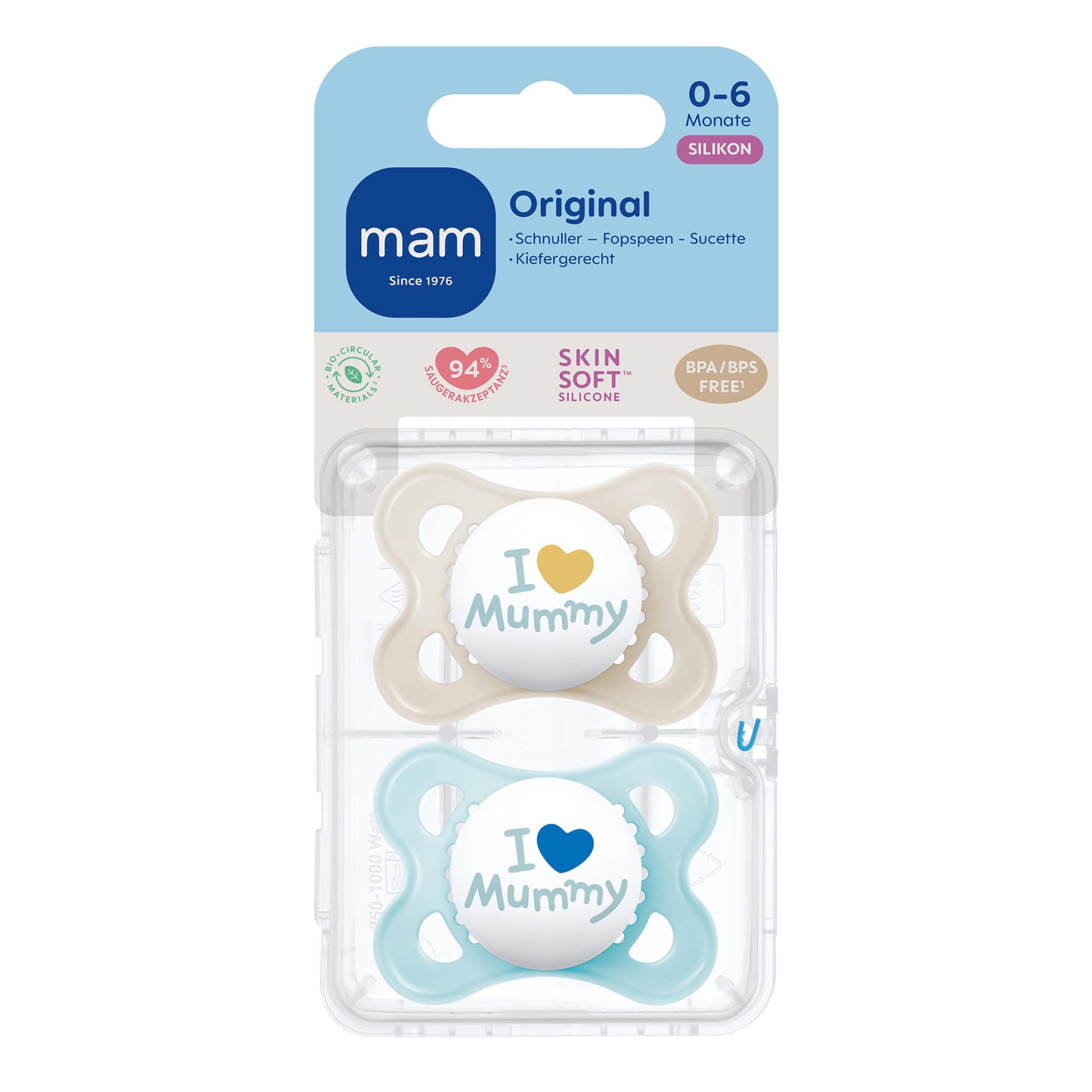 MAM Original Schnuller im 2er-Set, zahnfreundlicher Baby Schnuller aus nachhaltigen & bio-erneuerbaren Materialien, Sauger aus MAM SkinSoft Silikon, mit Schnullerbox, 0-6 Monate, blau/beige - Meloni2