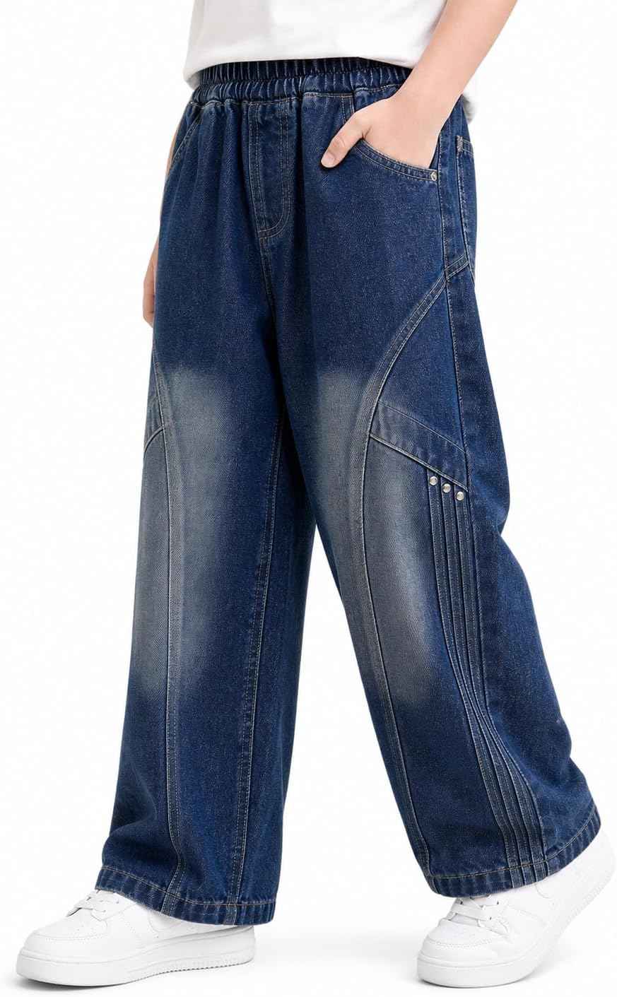 JiAmy Baggy Jeans Jungen Weites Bein Gummibund Denim Jeanshosen Gr.120-170 | Baumwolle Lässige kinder Jeans Jungen Elastischer Freizeithose für 5-14 Jahren