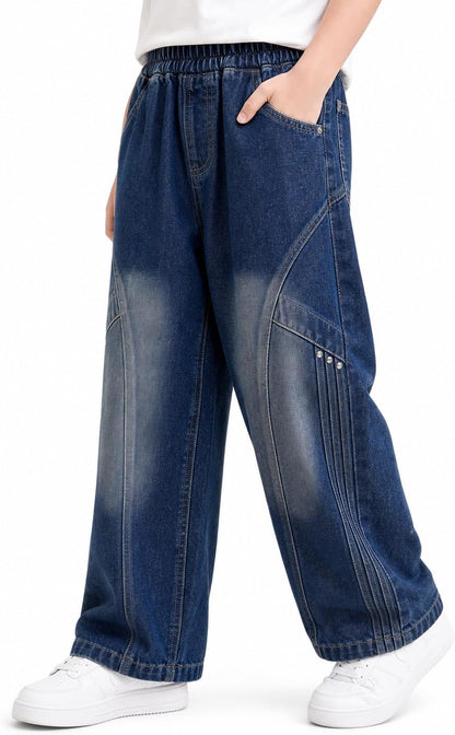 Baggy Jeans Jungen Weites Bein Gummibund Denim Jeanshosen Gr.120-170 | Baumwolle Lässige kinder Jeans Jungen Elastischer Freizeithose für 5-14 Jahren