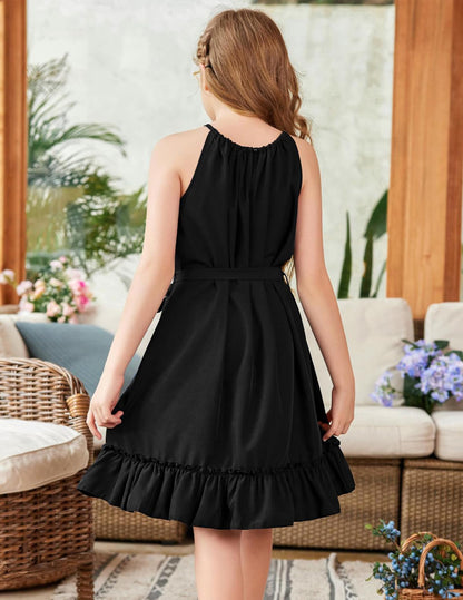 Arshiner Mädchen Kleid Neckholder Sommerkleid Rüschensaum Midikleid A-Linie Kinderkleid Swing Partykleider Abendkleid Kinder Festliche Kleider Freizeitkleid mit Gürtel 6-14 Jahre