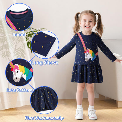 Mädchen Kleid Baumwolle Rundhals Rüschen Ärmellos Lässige Einhorn Cartoon-Applikationen Blau/Weiße Gestreift Kleidung Kinder Sommer Party Festliches Prinzessin A-Linie Kleider Gr. 98-128
