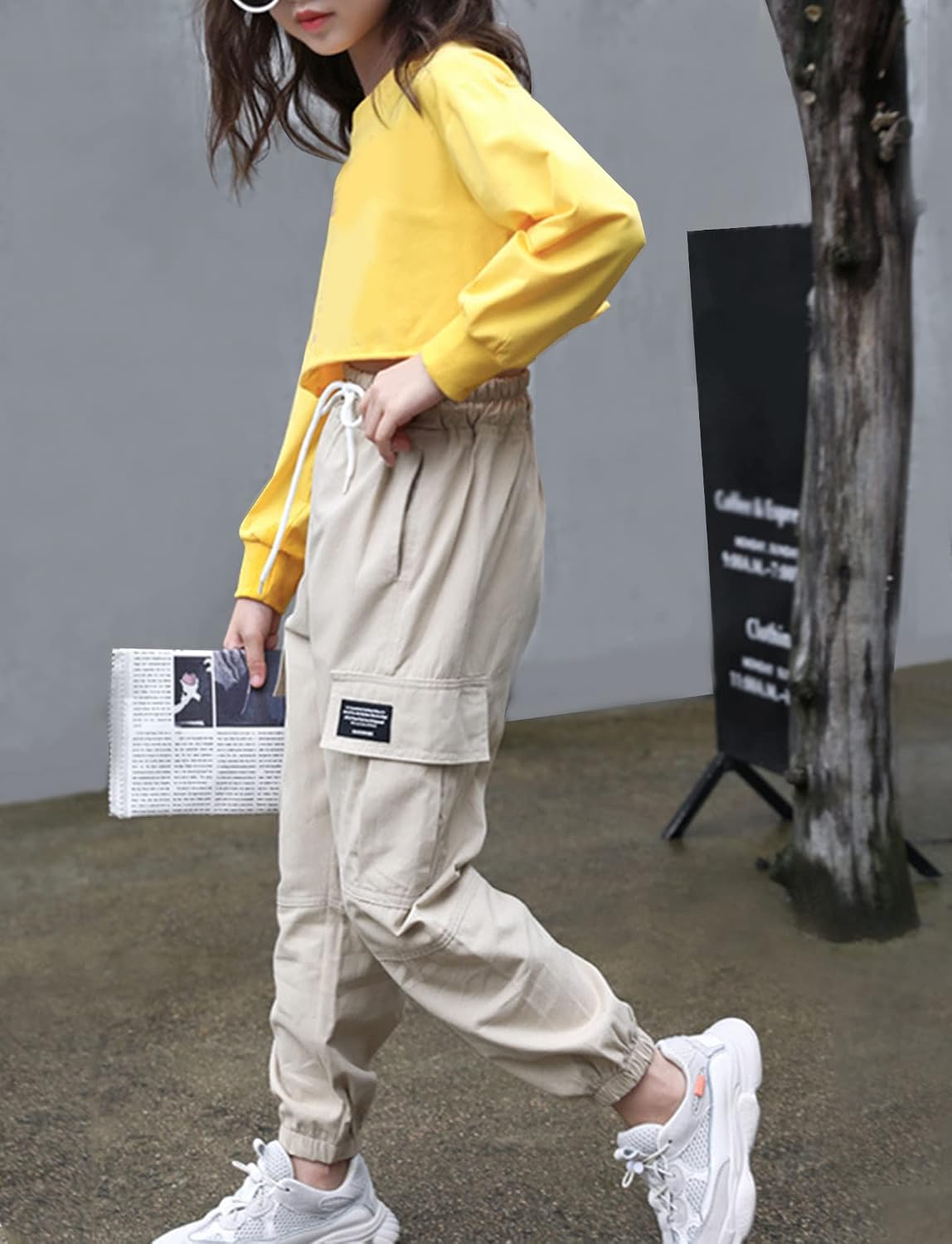 SEAUR Cargo Pants Girls Casual Pants Hip Hop Pants with Elastic Waist Sports Pants Jogging Pants with Pockets Drawstring Training Pants Sport Leisure Streetwear - 100-160cm 