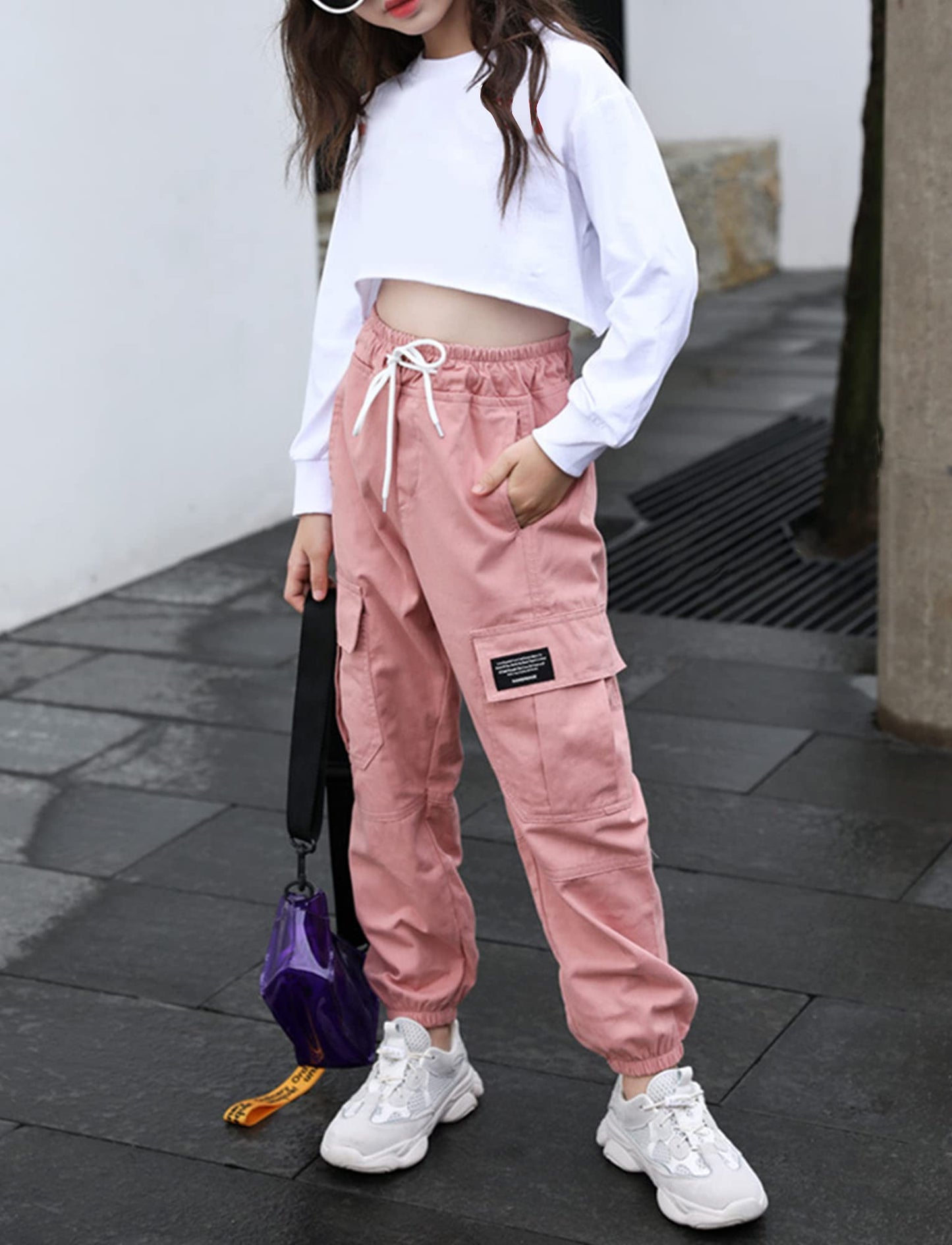 SEAUR Cargo Hose Mädchen Freizeithose Hip Hop Hose mit Gummibung Sporthose Jogginghose mit Taschen Kordelzug Trainingshose Sport Freizeit Streetwear - 100-160cm
