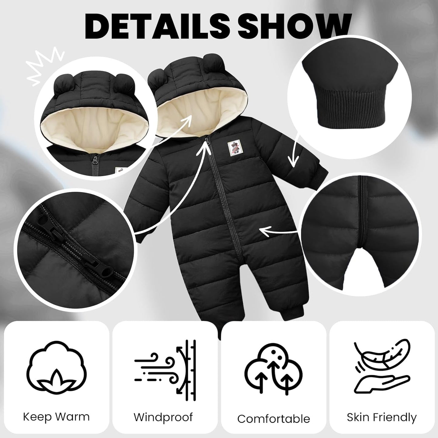 Minizone Baby Winter Jumpsuit with Hood, Romper Snowsuit Boys and Girls, Long-Sleeve Jumpsuit, Warm Outfits, Gift, 6-9 Months, 80 cm, Black