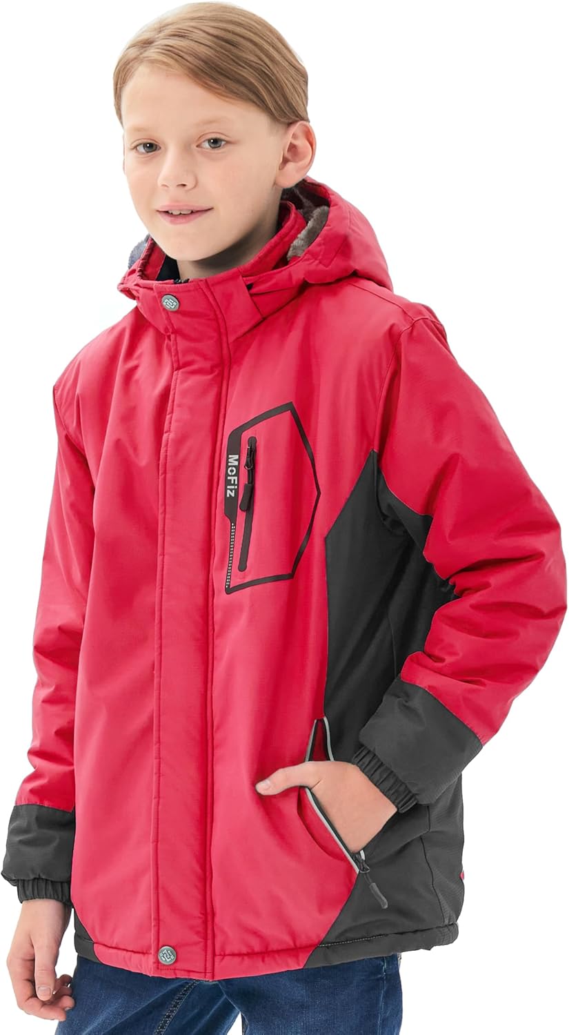MoFiz Winter Jacket Boys Ski Jacket Warm Inner Lining Children's Outdoor Softshell Jackets Snow Jacket with Removable Hood