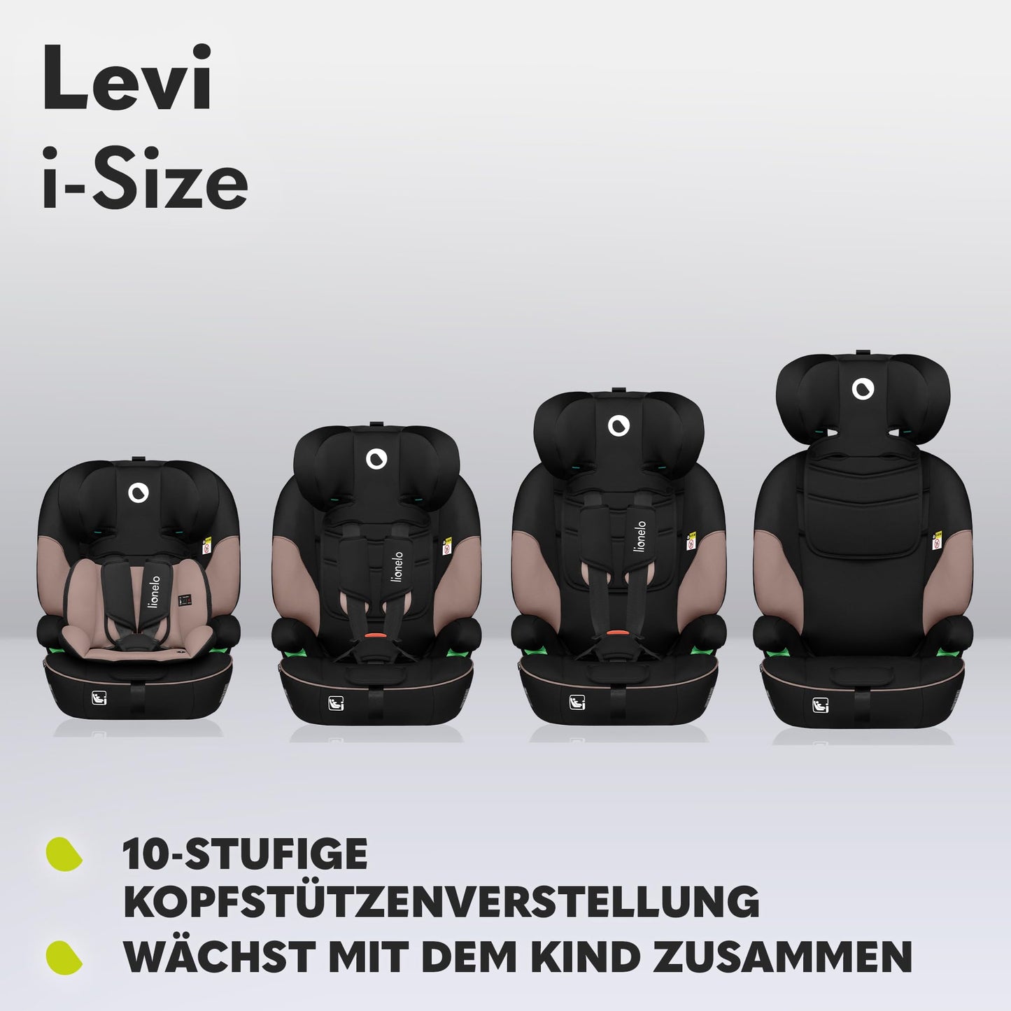 LIONELO LEVI I-SIZE 76-150 cm Kinderautositz, Gruppe 1 2 3, Seitenschutz, 10 Grad Kopfstützenverstellung Bequeme Armlehnen Verstellbare Rückenlehne, R129 i-Size
