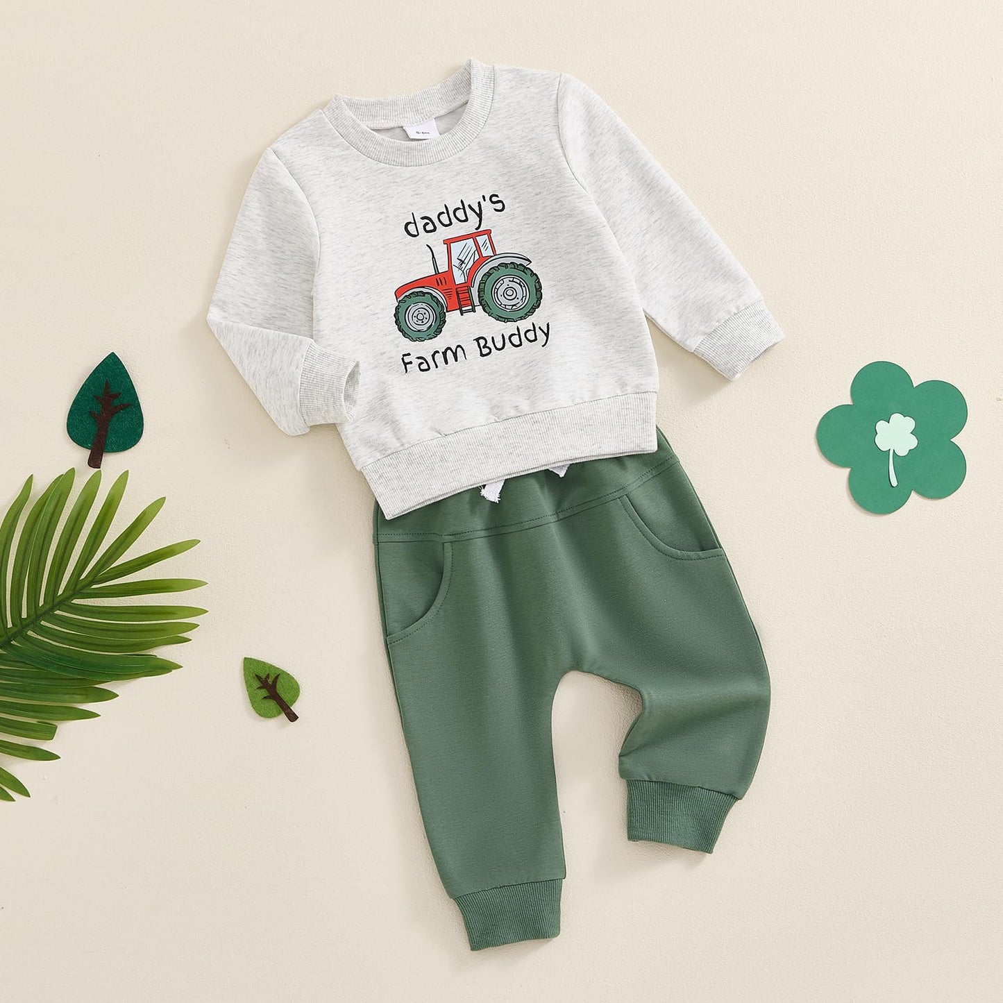 Baby-Frühlings-Outfit für Jungen, Trainingsanzüge mit Traktor-/Auto-Print, Sweatshirts mit langen Ärmeln mit Autodruck + elastische Kordelzughose, 2-teiliges Sportbekleidungsset, weiche Traktor-Outfits