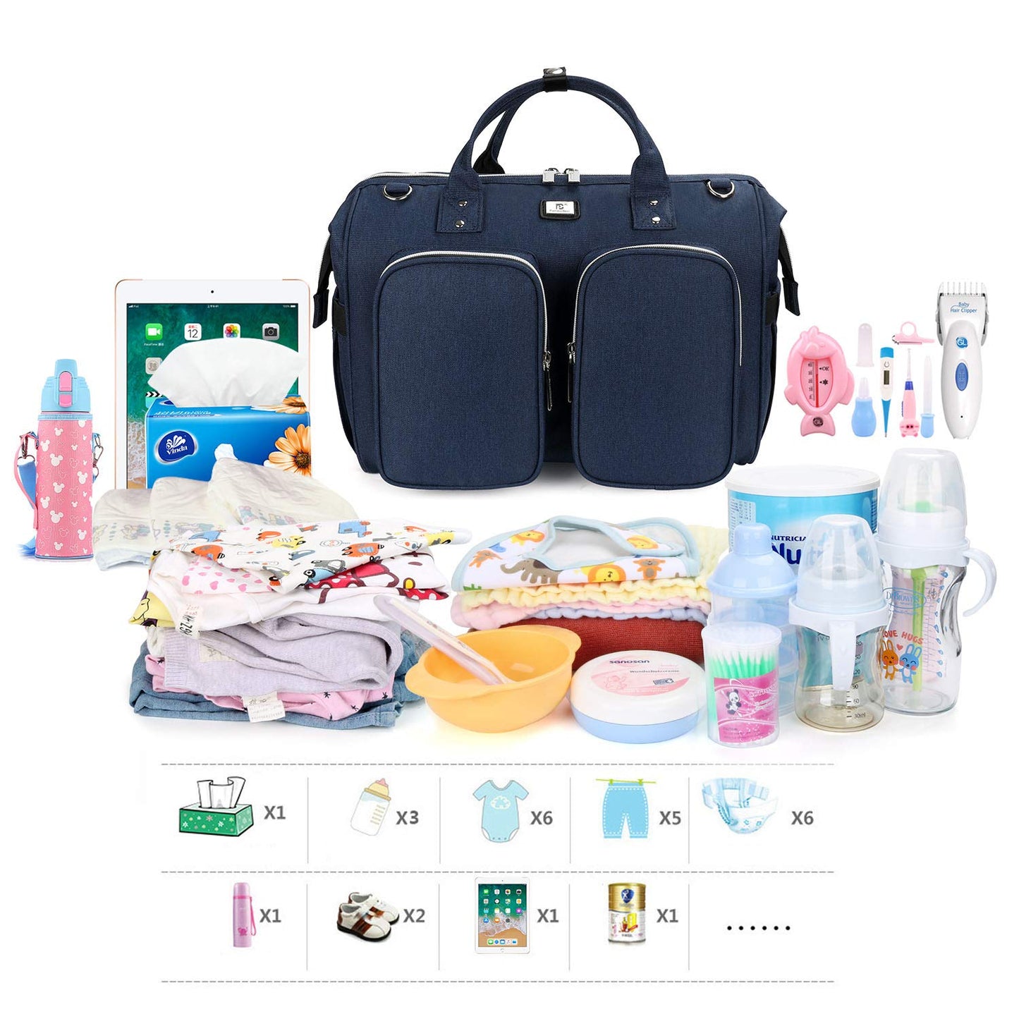Wickeltasche mit wasserdicher Wickelunterlage und 2 Kinderwagen Haken verstellbare Schultergurt multifunktionale Umhängetasche Reisetasche für Unterwegs