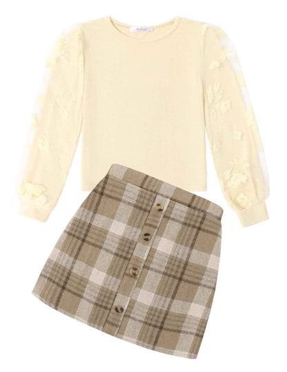 Arshiner Girls' Clothing Sets Elegant Long Sleeve Shirt with Skirt Set Children's Autumn Winter Outfit Checked Leisure Fashion Two Piece Clothing Sets for Girls 5-13 Years