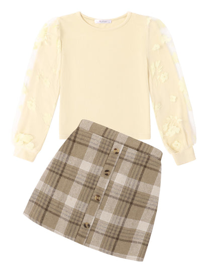 Arshiner Girls' Clothing Sets Elegant Long Sleeve Shirt with Skirt Set Children's Autumn Winter Outfit Checked Leisure Fashion Two Piece Clothing Sets for Girls 5-13 Years