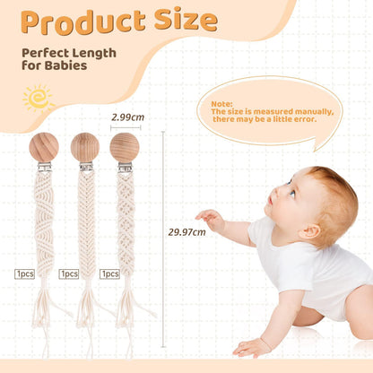 IOSPKKIO® 3 Stück Schnullerclip für Jungen und Mädchen, Schnullerhalter, mit Holzklammern, Handgefertigt, Geflochtene Baumwolle, Babyparty, Geburtstagsgeschenk(Beige)