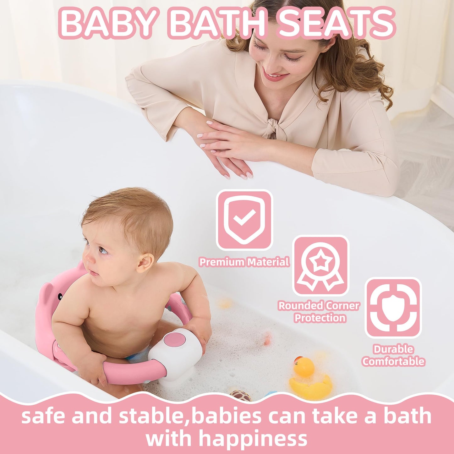 Baby Bath Seat from 6 Months, Bear Non-Slip Bath Seat Baby with 4 Suction Cups and Cushions for Toddlers and Newborns, Safe Portable Bath Chair for Shower or Bathtub, Pink