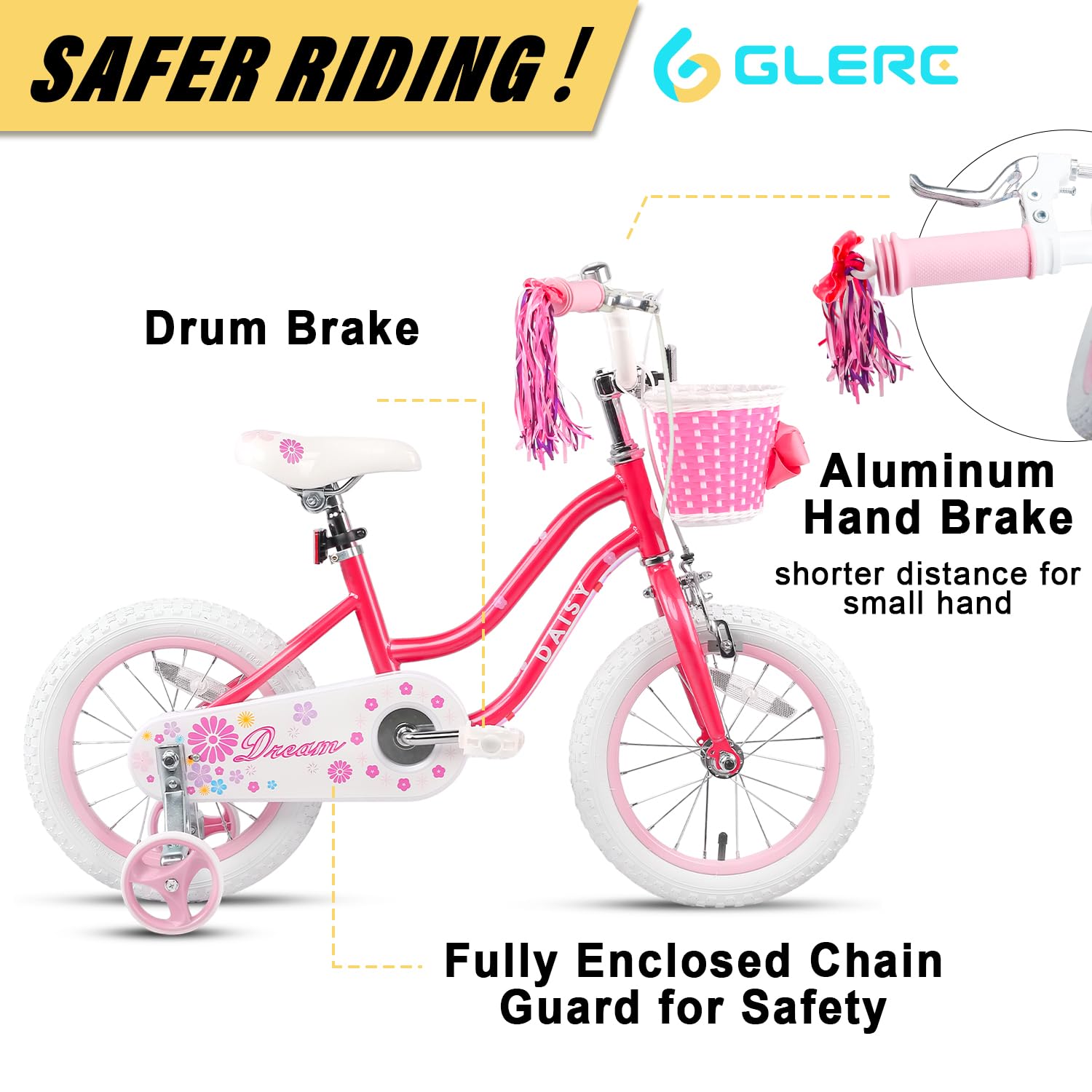 Glerc Kinderfahrrad 12/14/16 Zoll für 2-7 Jahre Mädchen Fahrrad mit Korb, Luftschlangen, Stützräder und Glocke - Meloni2