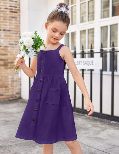 Arshiner Mädchen Kleider Ärmelloses Kinderkleid Knopfleiste Trägerkleid Sommer Baumwolle Swingkleid Festliches A-Linie Freizeitkleid Elegant Kleid für Mädchen 5-14 Jahre