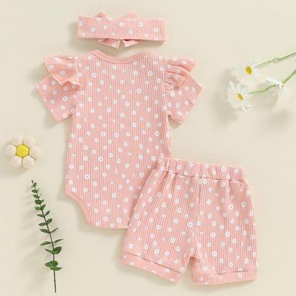 3tlg Baby Mädchen Sommer Kleidung Set Rüschen Kurzarm Strampler + Rüschen Shorts + Stirnband Babyset Weiche Neugeborene Ausgehen Outfit