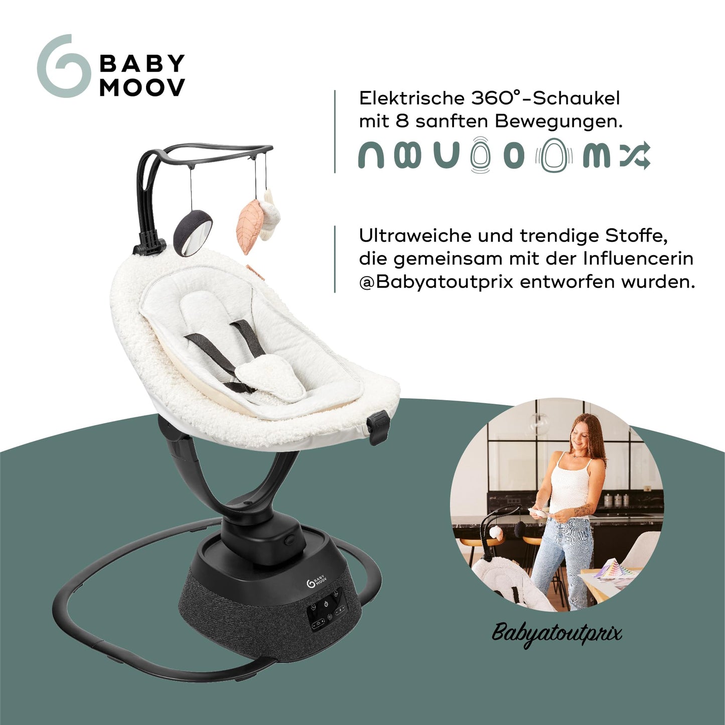 Babymoov Baby Swing Swoon Evolution Curl White - Electric Baby Rocker with 8 Rocking Movements, 360° Rotating Seat, 12 Melodies 