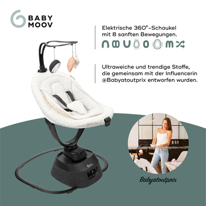 Babymoov Baby Swing Swoon Evolution Curl White - Electric Baby Rocker with 8 Rocking Movements, 360° Rotating Seat, 12 Melodies 
