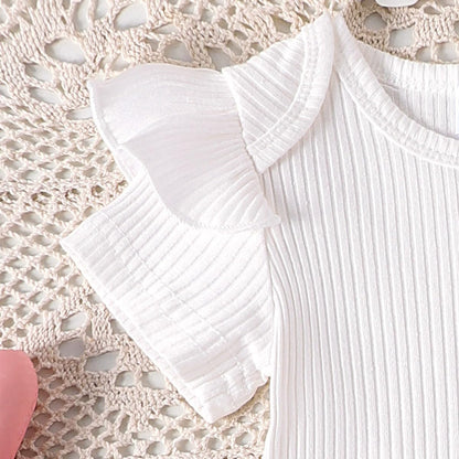 Baby Mädchen Sommer Outfits Rüschen Kurzarm Ripptop+ Blumen/Herzmuster Overalls Shorts Mit Tasche Süßes 2-Teiliges Kleidungsset