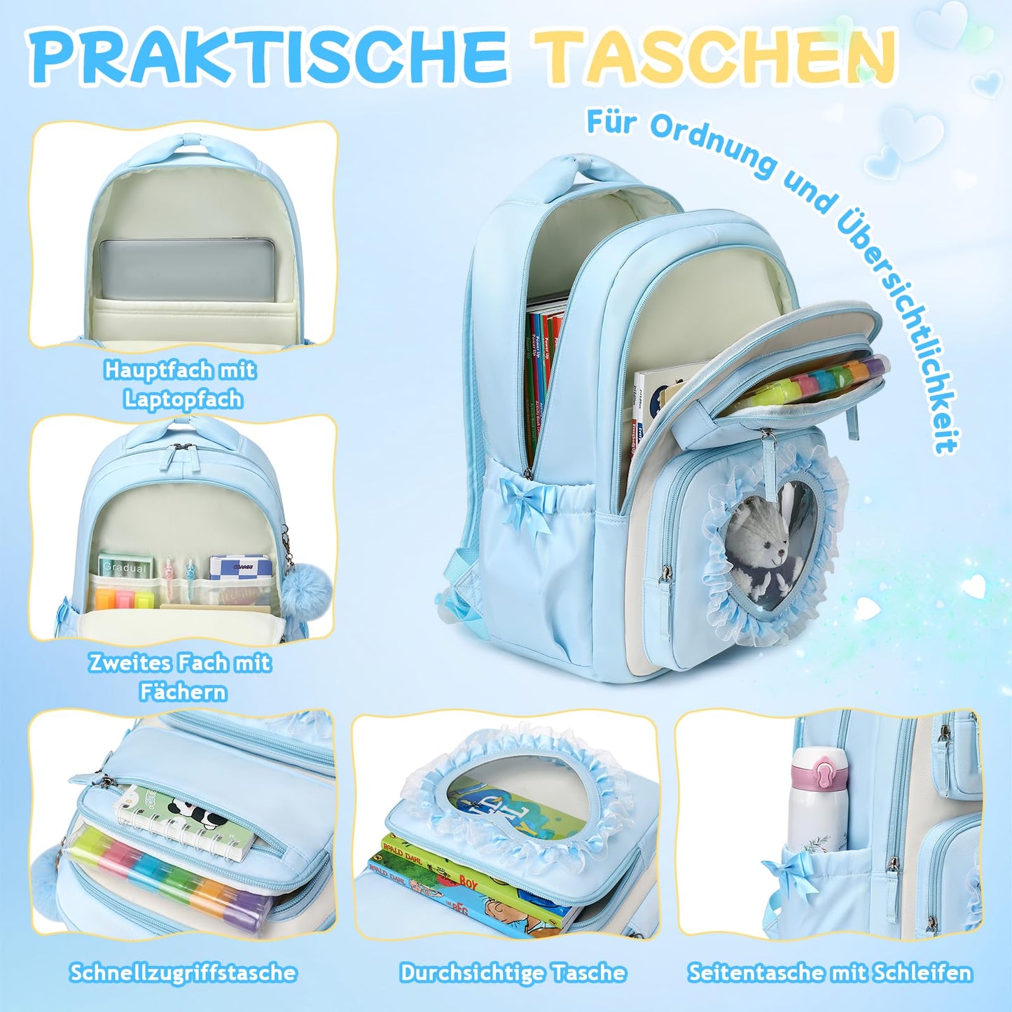 Schulrucksack Mädchen Herzdesign 22L mit Gepäckgurt für Schule | Spitze & Schleifendetails, Ergonomische 3D-Rückenpolsterung, wasserabweisendes Polyester, zahlreiche getrennte Fächer
