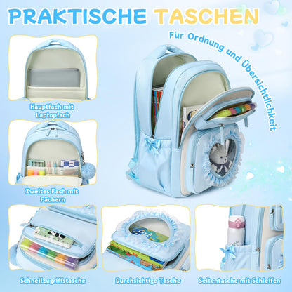 Schulrucksack Mädchen Herzdesign 22L mit Gepäckgurt für Schule | Spitze & Schleifendetails, Ergonomische 3D-Rückenpolsterung, wasserabweisendes Polyester, zahlreiche getrennte Fächer