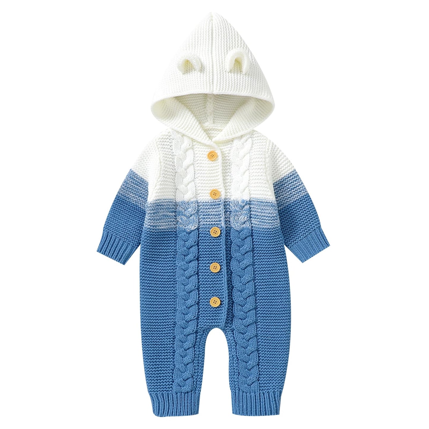 OBEEII Newborn Baby Knitted Romper Jumpsuit with Hood Ear Onesies Pullover Winter Warmer Onesie Bodysuit for Boys Girls