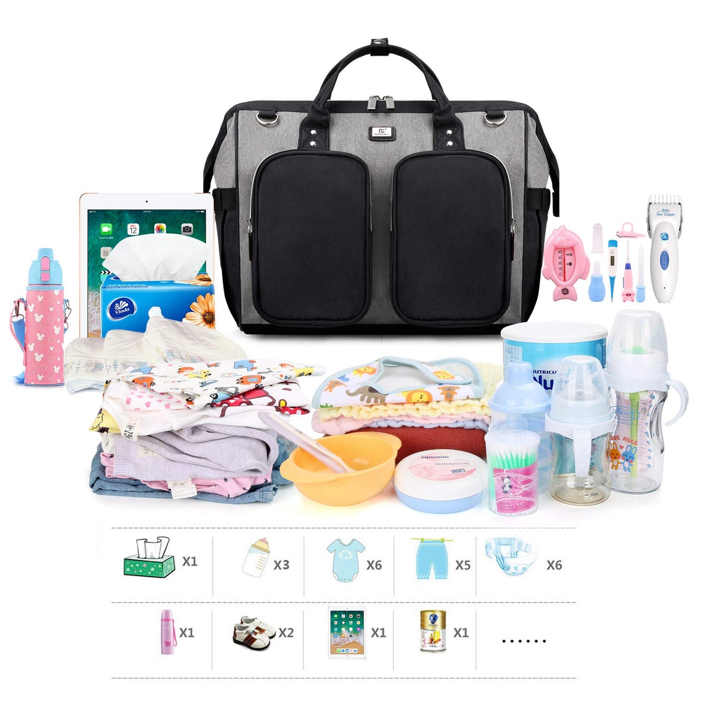 Wickeltasche mit wasserdicher Wickelunterlage und 2 Kinderwagen Haken verstellbare Schultergurt multifunktionale Umhängetasche Reisetasche für Unterwegs