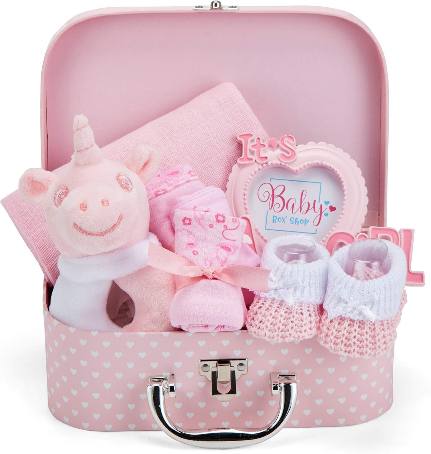 Box Shop Babyparty Mädchen Geschenk - 7 Baby Geschenkset, Für Neugeborenes, Zur Geburt - Rosa
