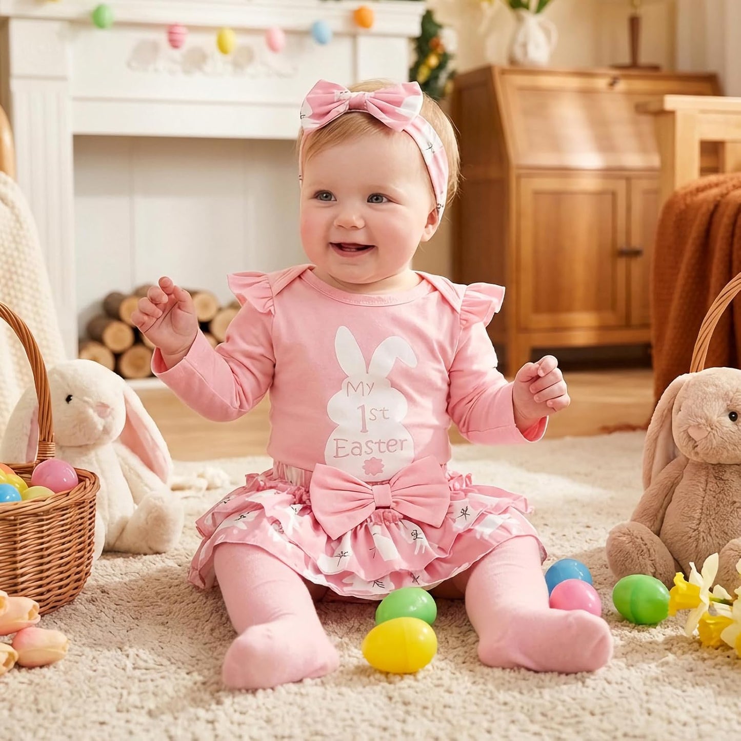 Baby Mädchen Outfit Rüschen Langarm My 1. Valentinstag Osterhase Strampler + Tutu Rock + Strümpfe mit Stirnband Babykleidung Set Neugeborene Fotoshooting Kleid für 0-18 Monate
