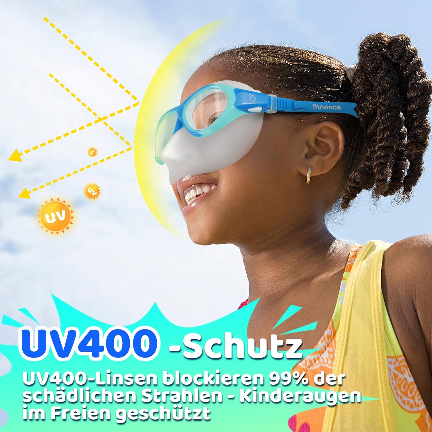 Vvinca Swimming Goggles for Kids with Nose Guard and Fabric Strap, Shatterproof, Anti-Fog and Waterproof for Children 3-14 Years